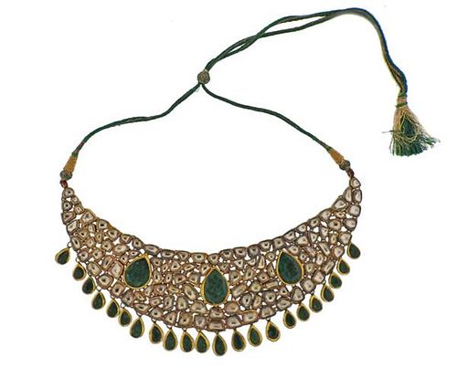 Indian 18K Gold Diamond Emerald  Polki Kundan Enamel Meenakari Work Cord Necklace