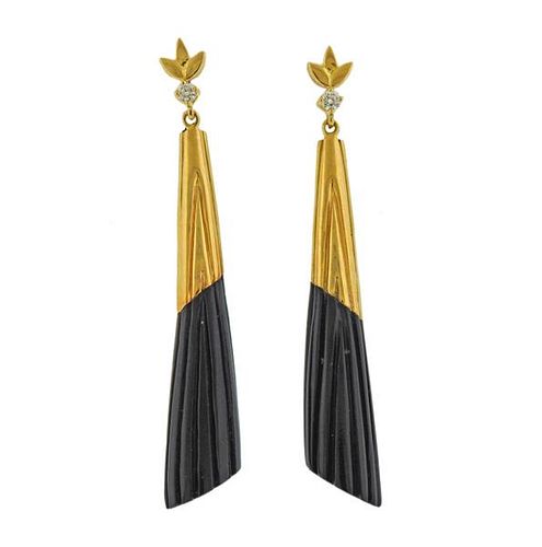 Bernard K Passman 18K Gold Diamond Black Coral Earrings