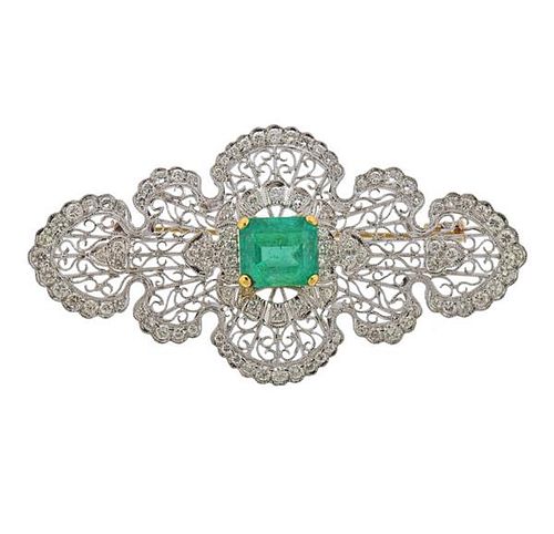 18K Gold Diamond 4.02ct Emerald Brooch Pin
