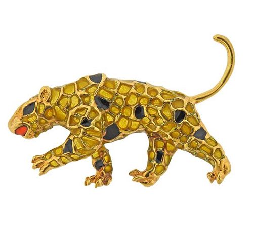 18K Gold Enamel Panther Brooch Pin 