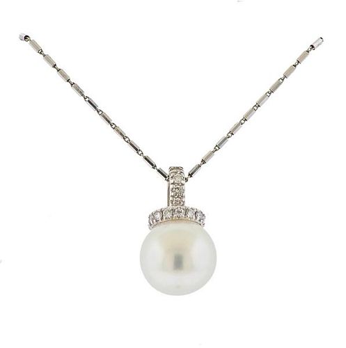 18K Gold Diamond Pearl Pendant Necklace 