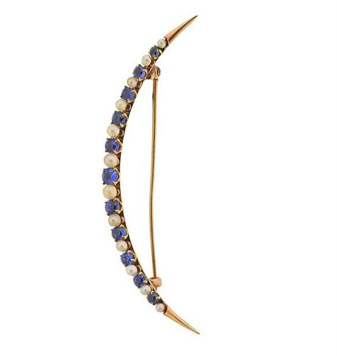 14K Gold Pearl Blue Stone Crescent Brooch Pin