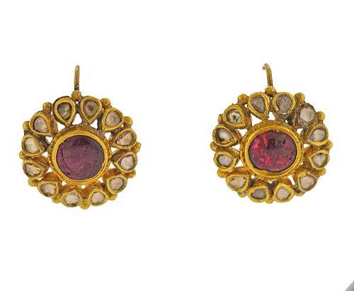 Indian 22K Gold Diamond Gemstone Enamel Earrings