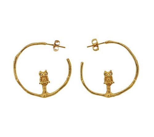 14K Gold Diamond Owl Hoop Earrings