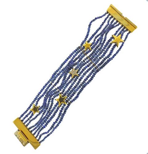 Italy 18K Gold Diamond Sapphire Multi Strand Star Bracelet