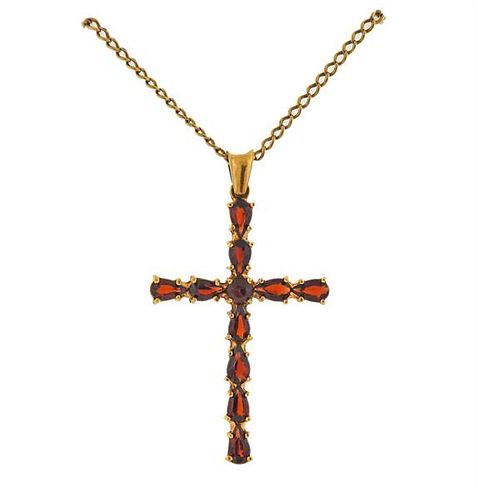 18k Gold Garnet Cross Pendant Necklace