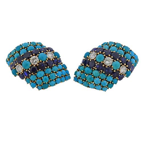 David Webb 1960s Gold Turquoise Diamond Sapphire  Earrings