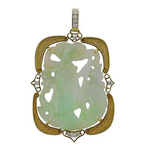 Large 14k Gold Carved Jade Diamond Pendant