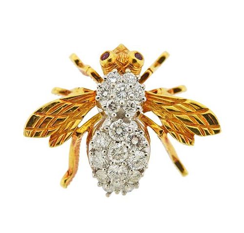 18k Gold Diamond Ruby Bee Insect Brooch Pin