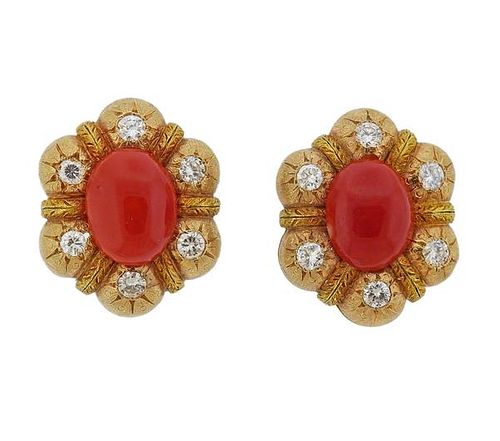 18k Gold Diamond Coral Earrings