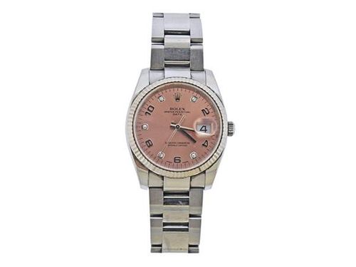 Rolex Oyster Date Pink Dial Diamond Steel Watch ref. 115234