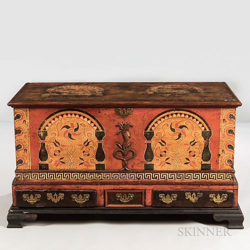Paint-decorated and Carved Poplar Dower Chest