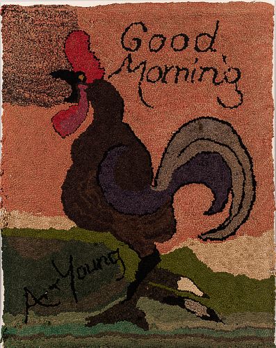 "Good Morning" Rooster Hooked Rug