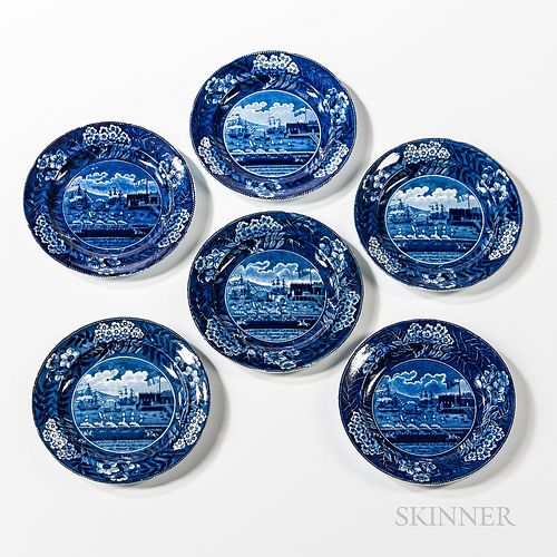 Six Staffordshire Historical Blue Transfer-decorated "Landing of Lafayette" Plates