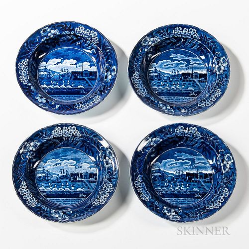 Four Staffordshire Historical Blue Transfer-decorated "Landing of Lafayette" Soup Plates