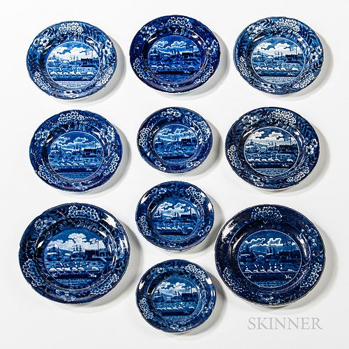 Nine Small Staffordshire Historical Blue Transfer-decorated "Landing of Lafayette" Plates