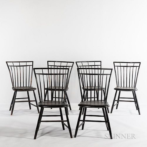 Set of Six Black-painted Turned Birdcage Windsor Chairs