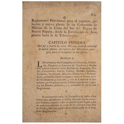 Bonilla, Antonio. Reglamento Provisional para el Régimen, Gobierno y Nueva Planta de las Compañías de Milicias de... México, 1793.