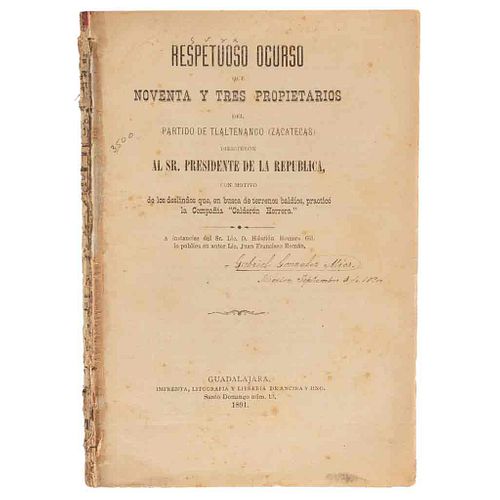 Román, Juan Francisco. Respetuoso Ocurso que Noventa y Tres Personas del Partido de Tlaltenango (Zacatecas)... Guadalajara, 1891.