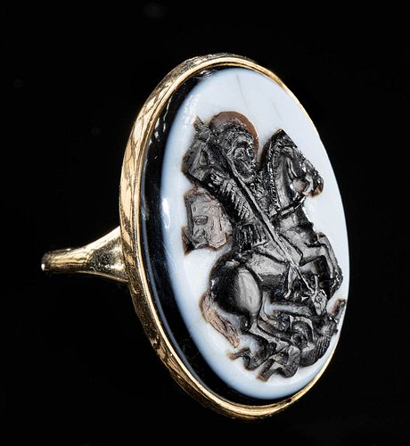 Neoclassical 18K Gold Ring Sardonyx Cameo of St. George