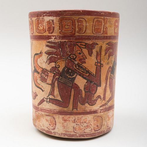 Mayan Polychrome Pottery Cylinder Vessel 