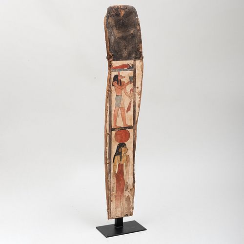 Egyptian Painted Wood Sarcophagus Panel with Anubis and Isis with The Deceased