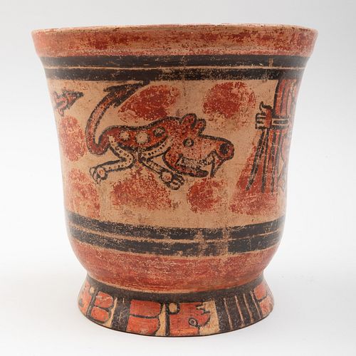 Mayan Polychrome Pottery Footed Vessel with Figures