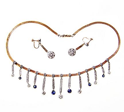 Lady's  Diamond 14 kt Yellow and White Gold and Sapphire Necklace and Earrings