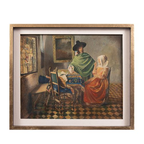 Edmundo Yesca. Reproducción de la obra de Johannes Vermeer. "La copa de vino" o "Dama bebiendo con u caballero" Óleo sobre tela.