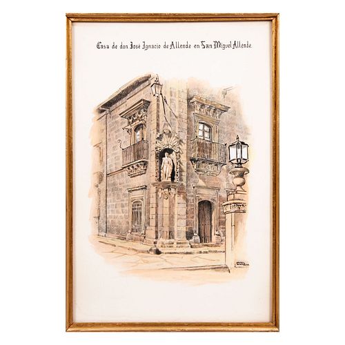 Daniel Núñez. Casa de don José Ignacio de Allende en San Miguel Allende. Firmado. Acuarela. Enmarcada. 34 x 22 cm.