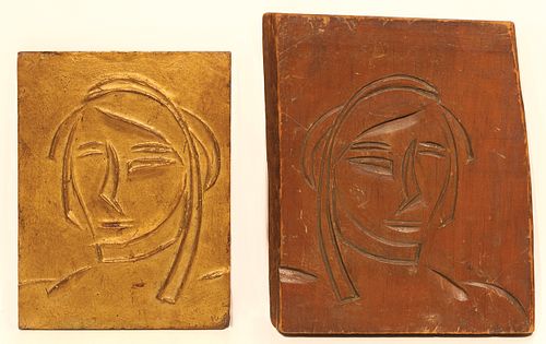 Walt Kuhn (Am. 1877-1949)     -  Figure Study   -   Gilt cast bronze plaque and original carved wood negative