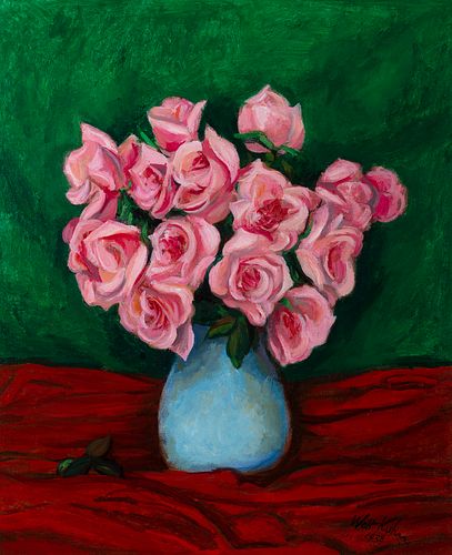 Walt Kuhn (Am. 1877-1949)     -  "Pink Roses in Blue Vase" 1938   -   Oil on canvas