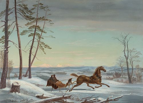 Charles E. Beckett (Am. 1814-1856)     -  Winter Sleigh Ride with Mountains in Background, 1856   -   Oil on canvas
