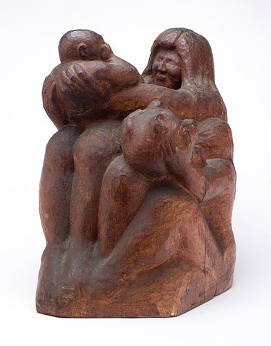 20th Century American School      -  Mother and Children   -   Carved wood sculpture