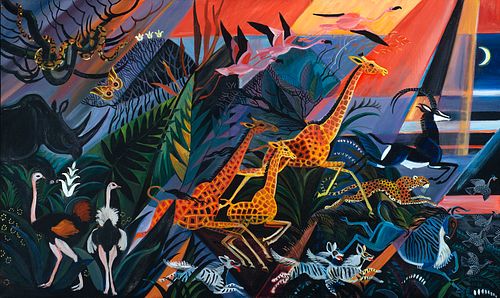 Dahlov Ipcar (Am. 1917-2017)     -  "Nightfall - Ngorongoro" 1996   -   Oil on canvas