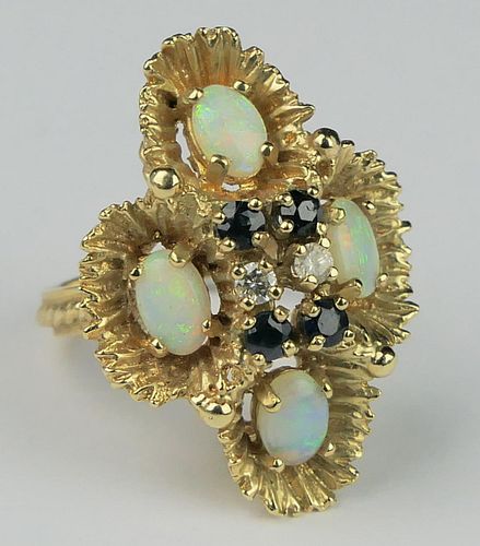 14KT Y.G OPAL SAPPHIRE DIAMOND COCKTAIL RING