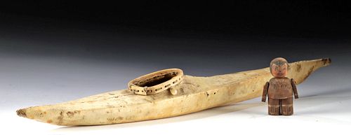 19th C. Inuit Wood / Hide Canoe + Hunter, ex-Museum