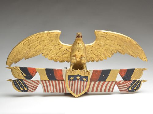 Carved patriotic eagle plaque with double banners, 19th century.