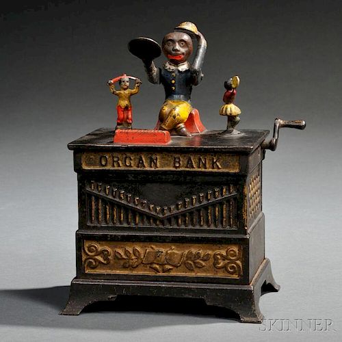 Painted Cast Iron Mechanical Boy and Girl "Organ Bank" Bank