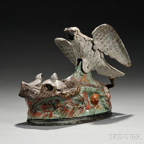 Painted Cast Iron Mechanical "Eagle and Eaglets" Bank