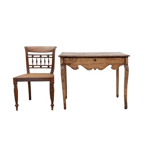 Desk and chair. 20th century. Carved in wood. Rectangular top, drawer, shafts and semi-curved supports. 29.9 x 37.4 x 23.6" (76 x 95 x 60 cm)