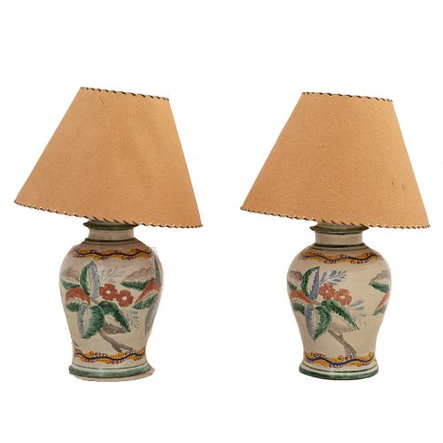 Pair of lamps. 20th century. Ceramic, one light each, ceramic shafts, Hessian fabric covers.