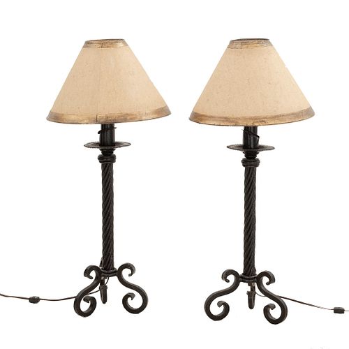 Pair of lamps. 20th century. Metal, single light each, paper shades, "S"-shaped supports.