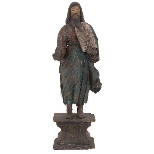 Moses. 20th century. Polychrome wood, tablets, crosier, base.