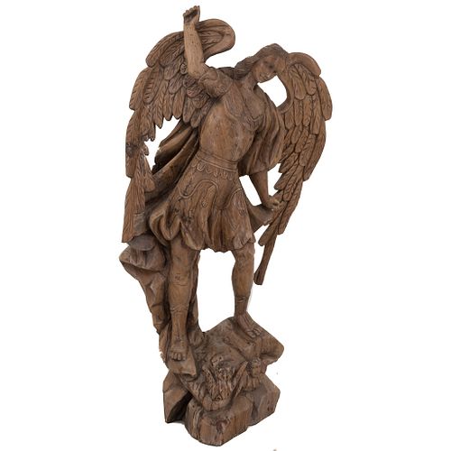 St. Michael Archangel. 20th century. Carved in wood, with base.