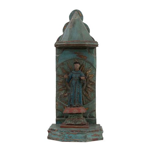 Niche with saint. 20th century. Polychrome wood, mouldings in manner of sun. 33.8 x 14 x 11.8" (86 x 36 x 30 cm)