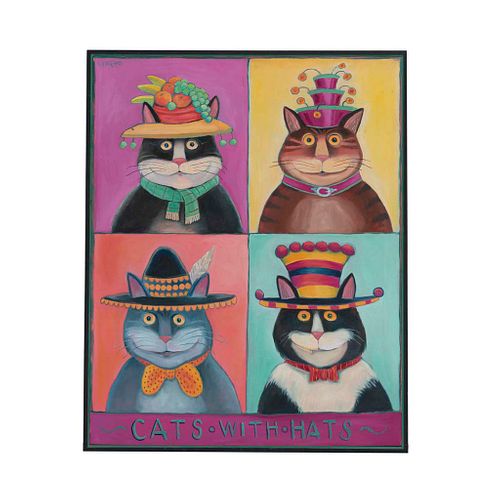Lee Chapman “Lencho”. Cats with hats. Signed. Mixed technique on canvas. Framed.