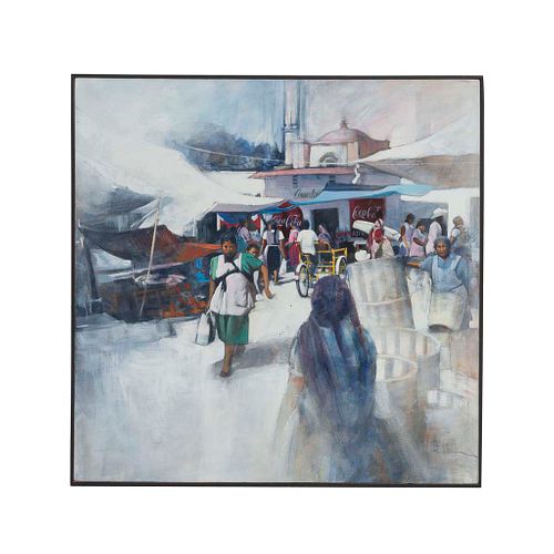 Rafael. Vista de mercado. Signed. Mixed technique on canvas. Framed.