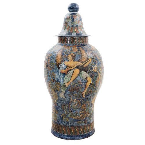 Tibor. Mexico. 20th century. Made in talavera. Decorated with plant elements, cherubs and angels.