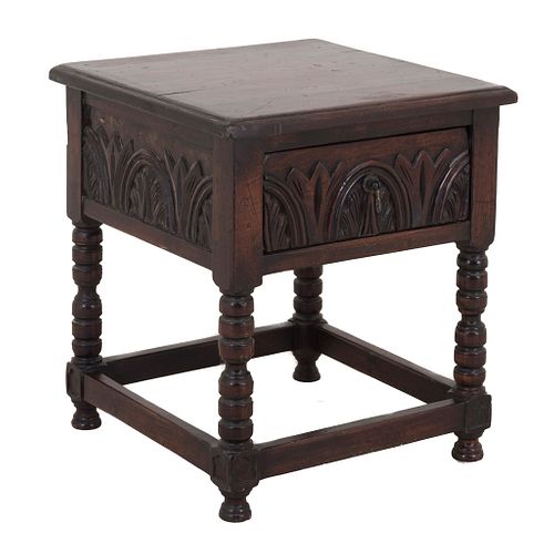Auxiliary table. 20th century. Carved in wood. Rectangular top, drawer, ribbed shafts.